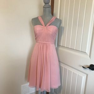 Y-Neck Ruched Bodice Crinkle Chiffon Short Dresss